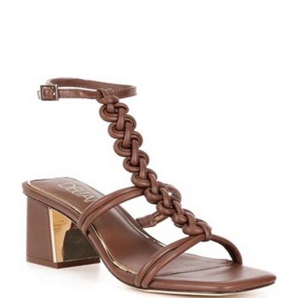Deltan Alanna Leather Woven Strap Block Heel Brown Sandal Sz 6.5
